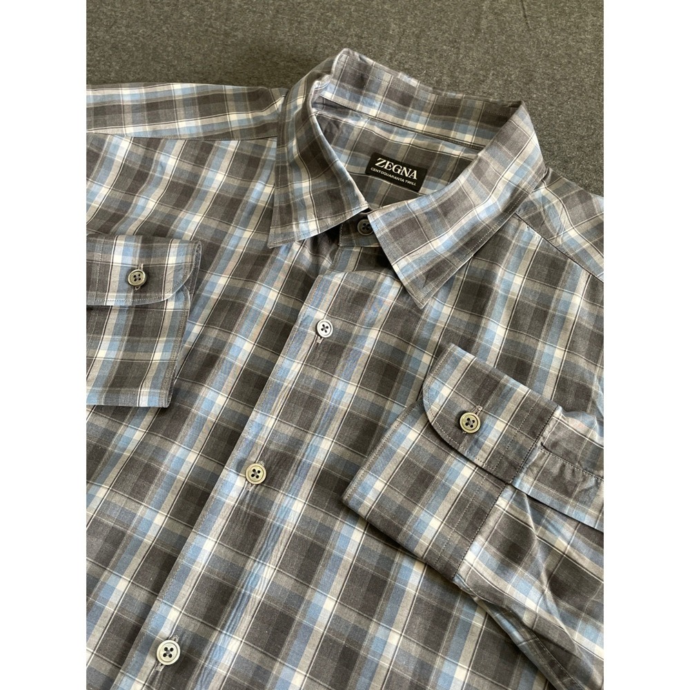 Zegna Centoquaranta Shirt Mens XXL Grey Blue Plaid Cotton Twill